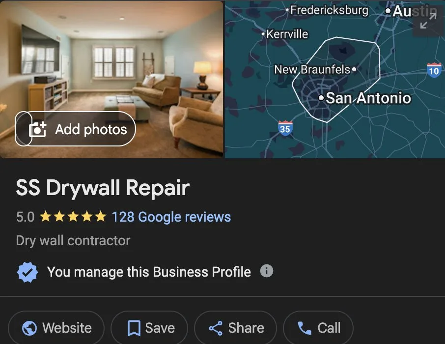SS Drywall Repair Google Business Profile, 128 five-star reviews, ranked #1 in New Braunfels